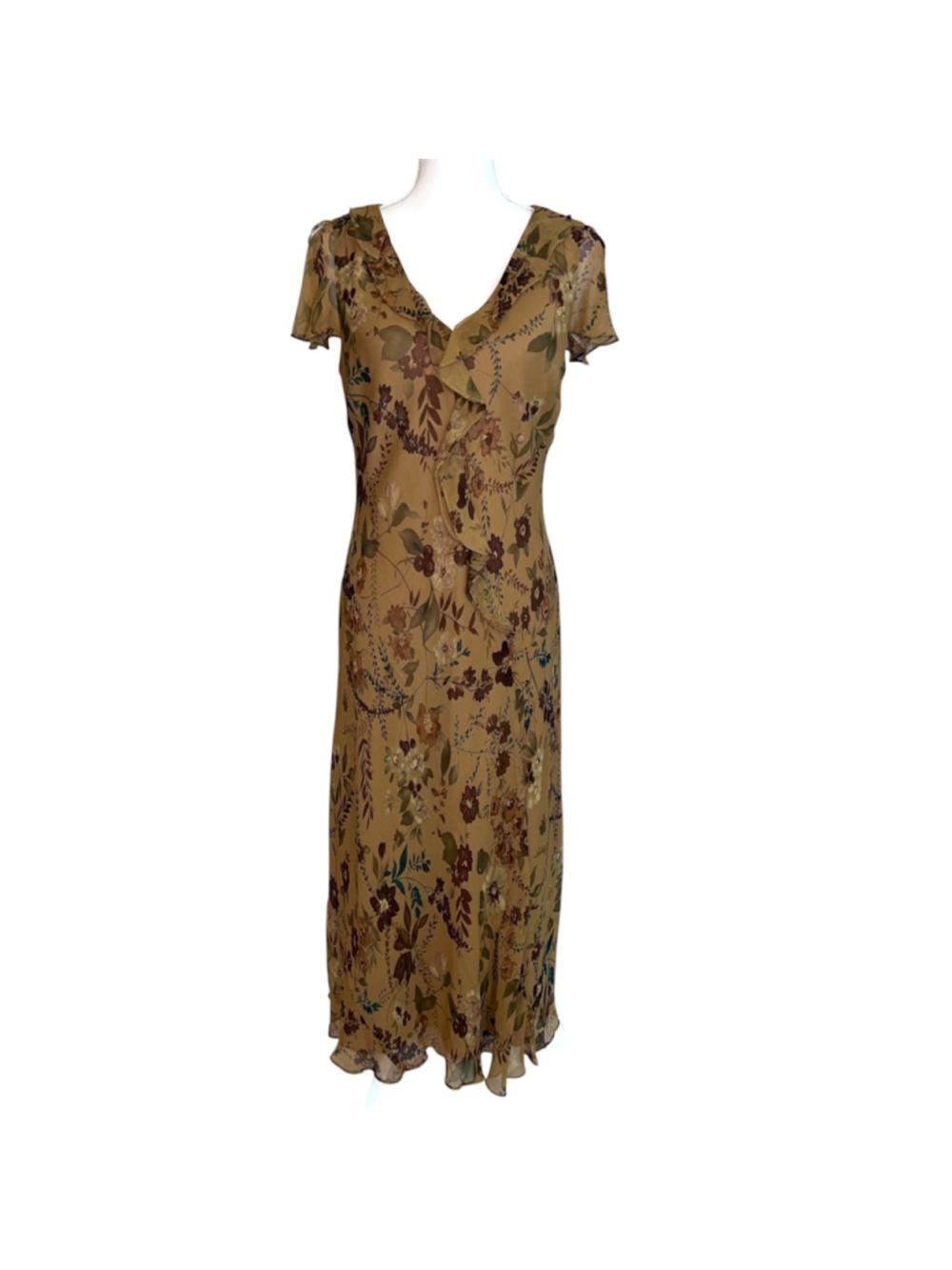 VTG Silk Charter Club Floral Midi Dress Size 10 Brown Green